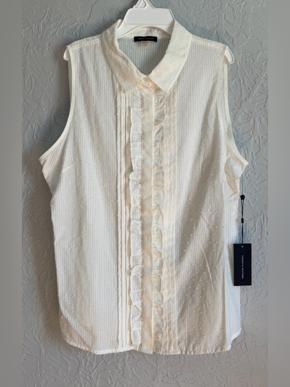 Tommy Hilfiger Sleeveless Swiss Dot Ruffle Front Blouse Ivory Tank Top Large